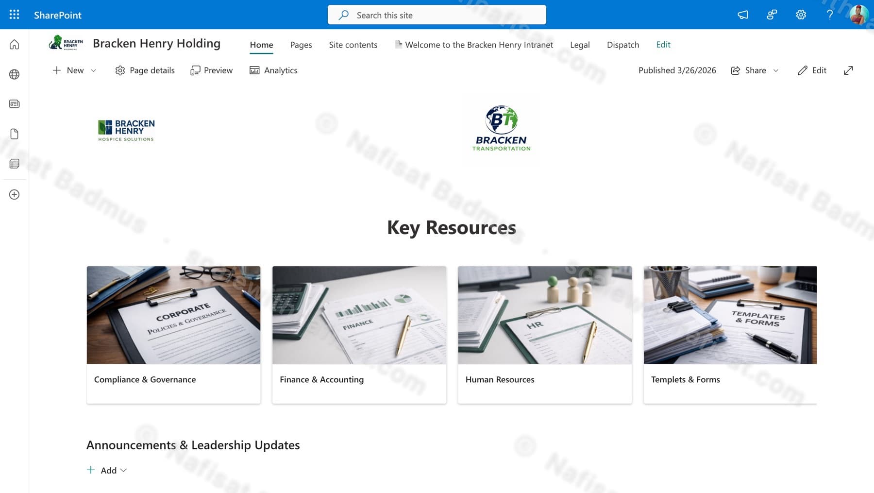 Bracken Henry Holding SharePoint intranet home page with key resource tiles