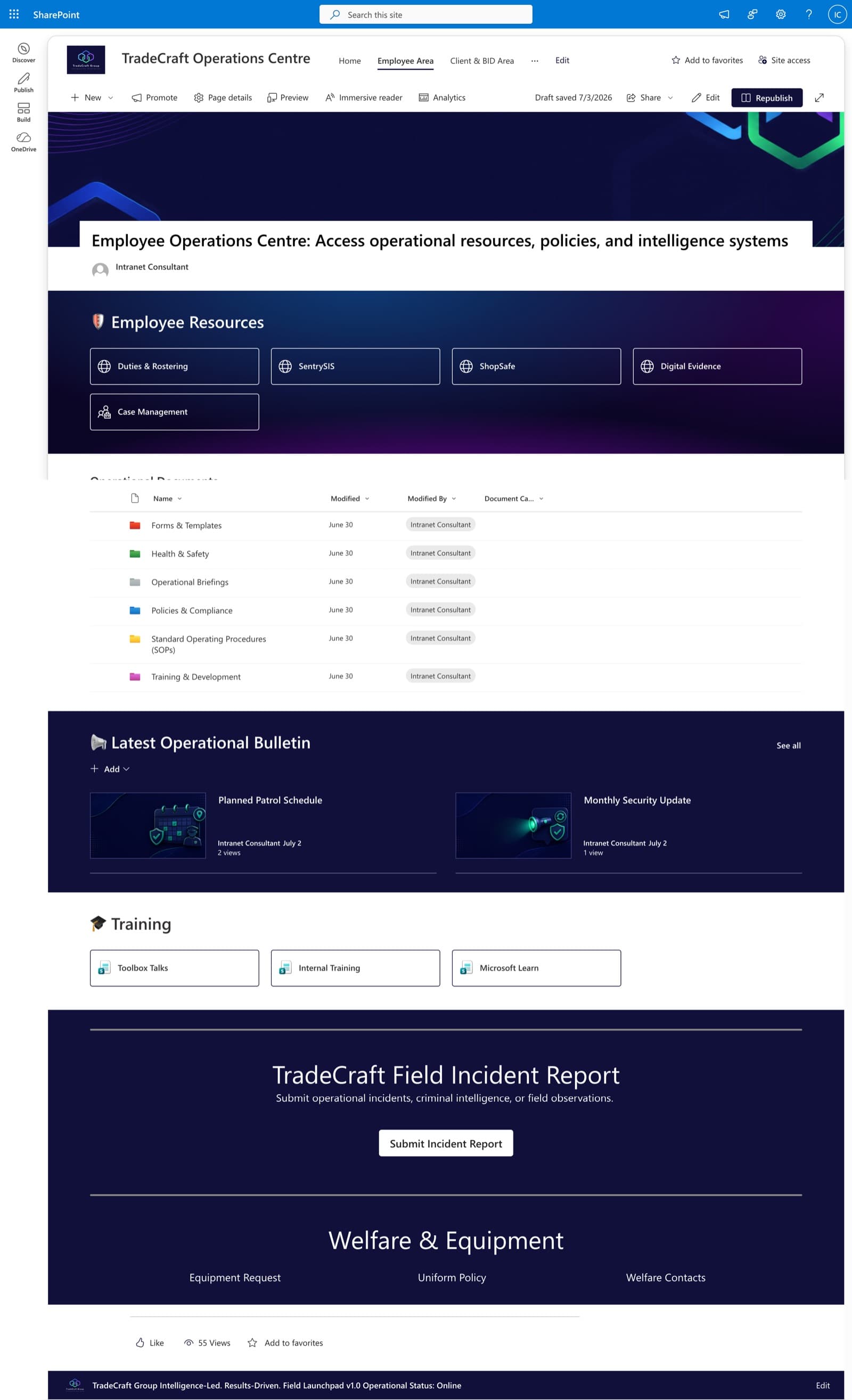 Employee Operations Centre SharePoint page
