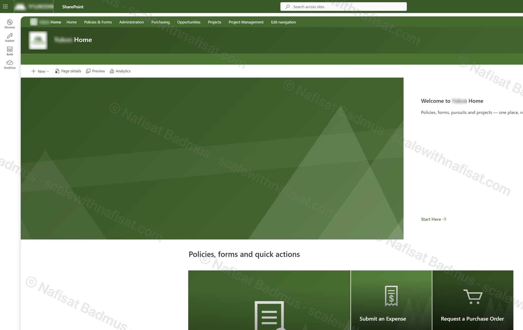 Branded SharePoint hub home page in company green with a hub menu and quick-action tiles