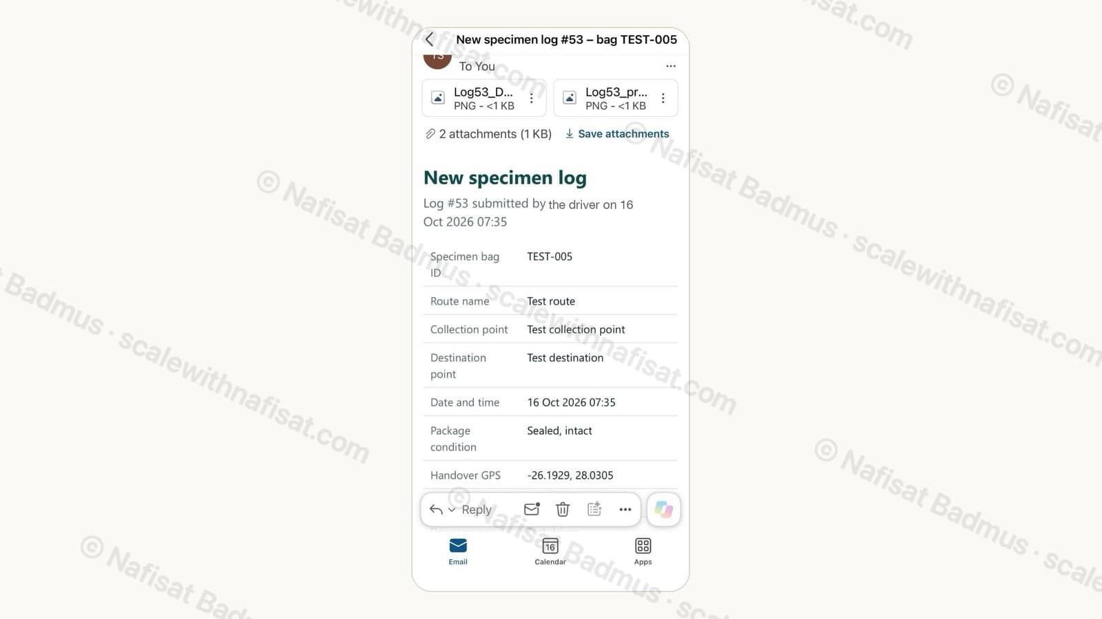 Email on a phone titled New specimen log with the bag ID, route, collection point, destination, date, package condition and GPS, plus two photo attachments