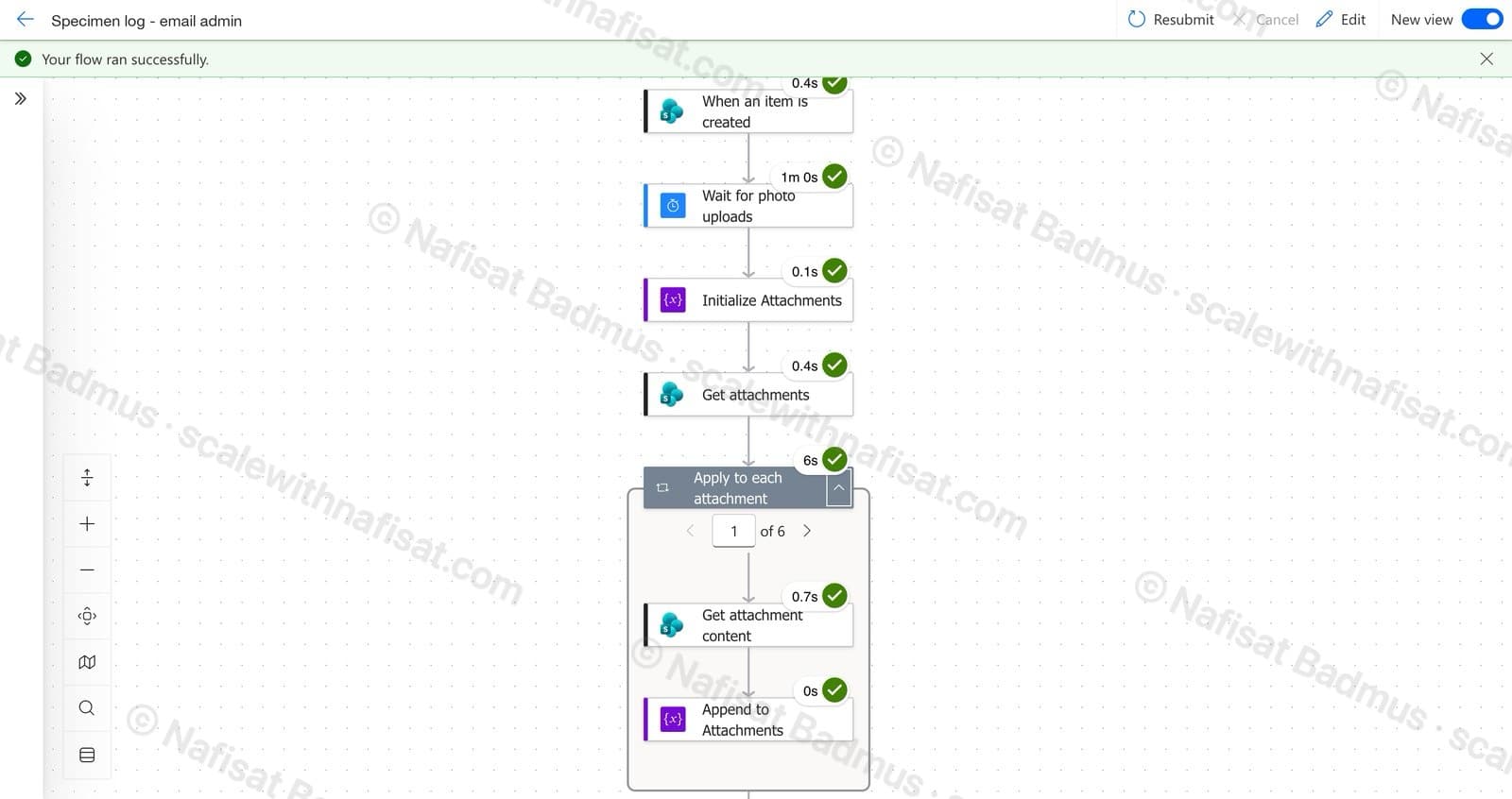 Power Automate flow run: when an item is created, wait for photo uploads, get attachments, apply to each attachment, all steps successful