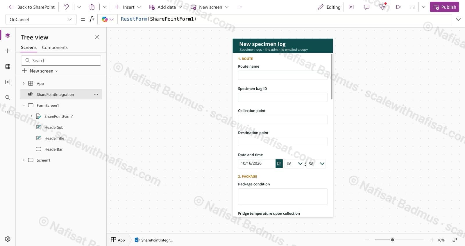 Power Apps form titled New specimen log with route, specimen bag ID, collection point, destination point and date fields