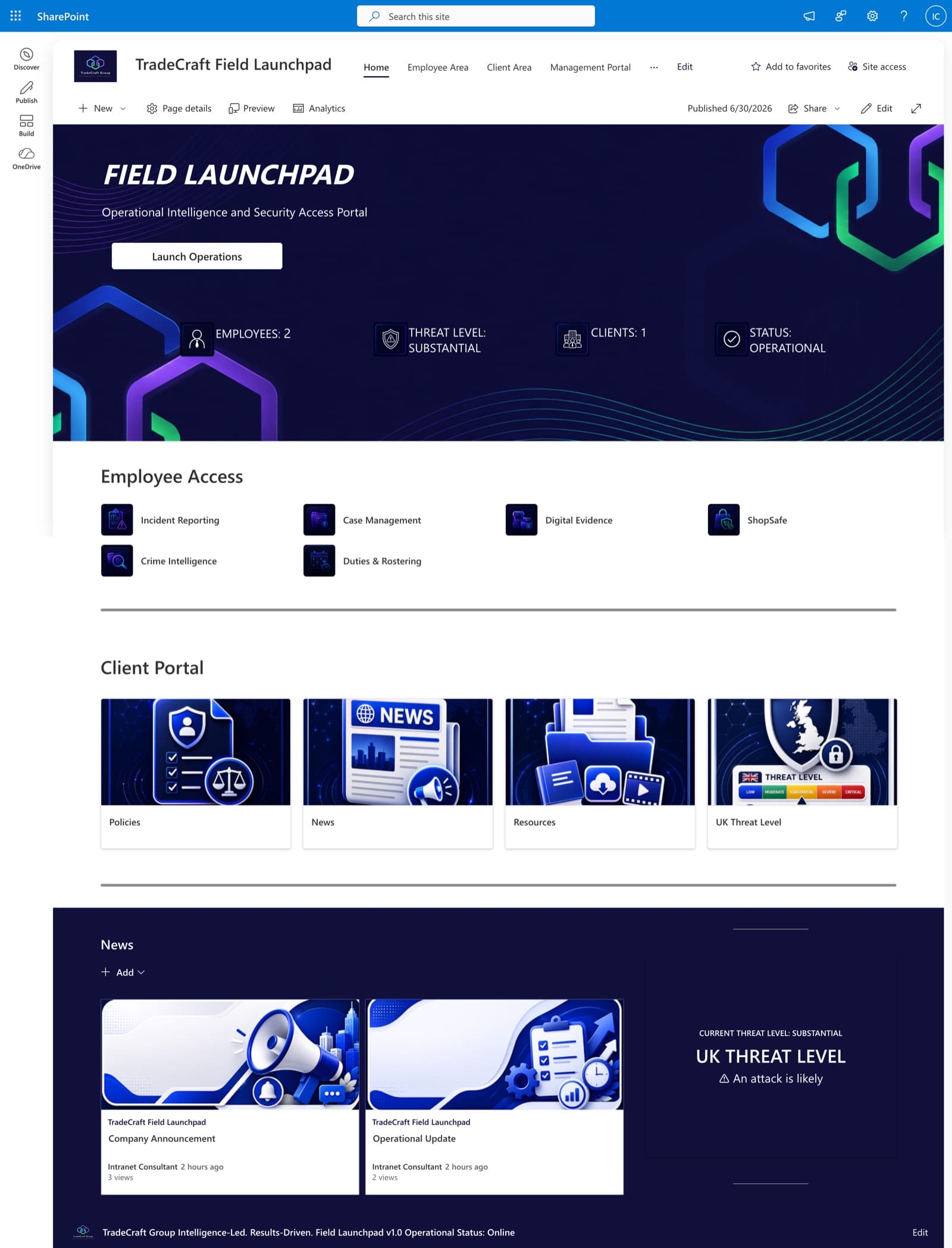 TradeCraft Field Launchpad SharePoint intranet home page